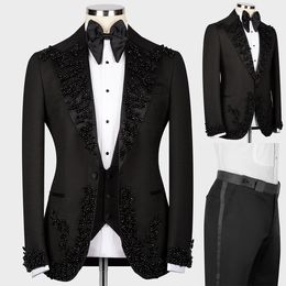 Tailored Men Wedding Tuxedos Black Beads Peaked Shawl Lapel Tuxedos Jacket 2 Pieces Male Costume Party Business Coat