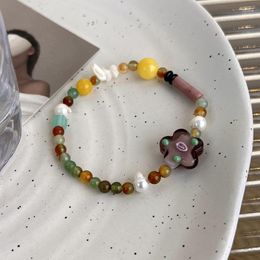 Strand ALLME Kawail Multicolor Glass Natural Stone Flower Charm Bracelets For Women Simulated Pearl Elastic Beaded Bracelet