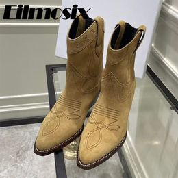 Boots Cow Suede Embroidery Western Women Pointed Toe Square Heel Retro Military Dress Slim Fit Chelsea Ankle 230907