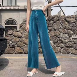 Women's Pants Pleated Ice Silk Light Wide Leg Trousers Fashion Loose Long Pant Femme Korean