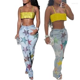 Women's Jeans 2023 Womens Denim Trousers Sequined Printed Pants Ripped Five-Pointed Star Torn