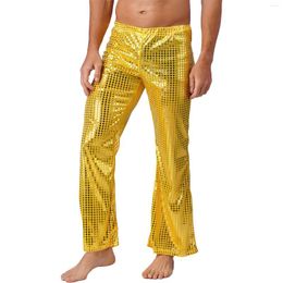 Men's Pants Men Metallic Disco 70s 80s Shiny Sequined Flared Elastic Waist Party Club Rave Dancing Performance Costume