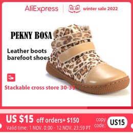 Boots PEKNY BOSA Leopard boots kids shoes for girl ankle shoes soft bottom leather boots wide toes chid barefoot shoes for boy 230907