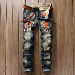 LEOSOXS Embroidery Tiger Men Jeans Hole Distressed Bleached Washed Male Cowboy Straight Casual Floral Denim Fashion Jeans3016