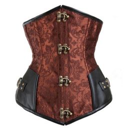 Women Gothic Steampunk Brown Black 12pcs Steel Boned Brocade Jacquard Underbust Corsets with PU Leather Patchwork Sexy Waist Cinch251w