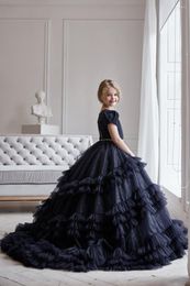 Girl Dresses Flower Dress Black Fluffy Tulle Layered Beaded Embellishment Wedding High-end Child Dance Celebration Party