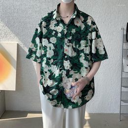 Men's Casual Shirts Summer Flowers Print Ice Silk Beach Short Sleeve Mens Shirt Smooth T-Shirt Baggy Korean Trend Tops