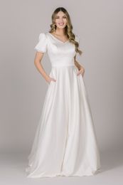 2023 New Simple Soft Satin Modest Wedding Dresses With Short Sleeves Pockets A-line Plain Bridal Gowns Custom Made LDS Bride Gown