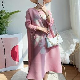 Casual Dresses ANLAN 2023 Summer Pleated Miyake Dress Fashion Flared Print Sleeve Round Neck Elegant Women's Clothing 6KK152