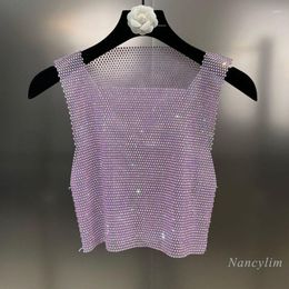 Women's Tanks Summer Y2k Top 2023 Square Collar Sleeveless Heavy Shiny Diamond-Embedded See-through Mesh Fabric Vest Fashion Tank Nightclub