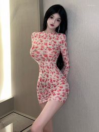 Casual Dresses Flower Sexy Fragmented Perspective Mesh Long Sleeve Wrapped Hip Dress Women Sweet Mature Temptation Summer Fashion H9PM