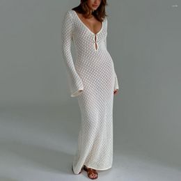 Casual Dresses Sexy V-neck Long Sleeved Knit Dress Women Elegant Hollowed Out Waist Tight Slim Fit Backless See-through