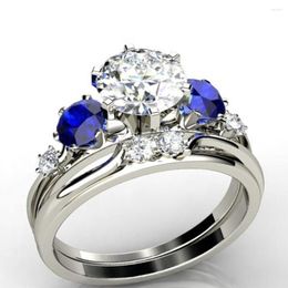 Wedding Rings Simple Female Blue Crystal Stone Ring Set Charm Silver Colour Love For Women Vintage Round Zircon Engagement