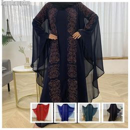 Casual Dresses Batwing Sleeve Chiffon Dress Modesty Rhinestone Abaya Kaftan Islamic Clothing Muslim Dubai Jalabiya Burkha Robe Women Party