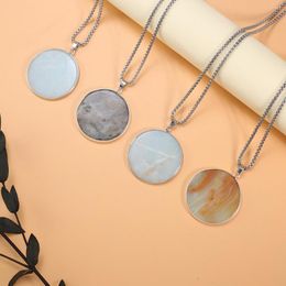 Pendant Necklaces 1pc Natural Stone Round Amazonite/Flash Labradorite Metal Chain Necklace 60cm Charming Women Girls Jewellery Accessories