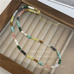 Chains Colorful Natural Stone Gold Beads Hand-beaded Necklace National Tide Stacked Collarbone Chain Sen