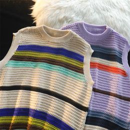 Men's Vests Summer Color Matching Striped Hollow Couple O-neck Loose Causal Outerwear Sleeveless T-shirt Sweaters Male Clothes