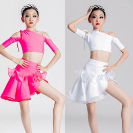 Stage Wear Pink White Latin Dance Clothes Girls Top Skirt Children'S Ballroom Competition Costume Practice SL8720