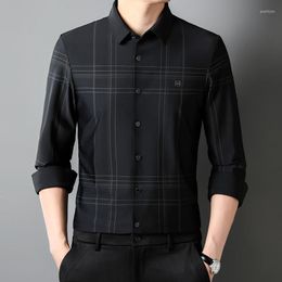 Men's Casual Shirts Plaid Seamless For Men Silky Long Sleeve Gentleman Spring Quality Soft Comfortable Easy Care Camisas De Hombre