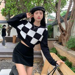 Women's Sweaters Clothing Long Sleeve Plaid Autumn Black White Pullover Knitted Sweater Women Fashion Crop Top Jumper Y2k Clothes 683HP