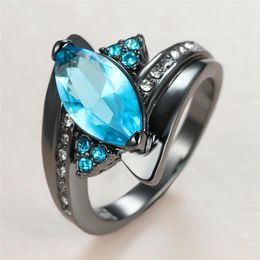 Wedding Rings Hip Hop Female Blue Crystal Thin Charm 14KT Black Gold For Women Luxury Leaf Zircon Stone Engagement Ring