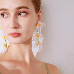 Dangle Earrings Hand-beaded Long Exaggerated White Daisy Petals Fringe For Female Niche Temperament Holiday Style