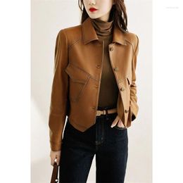 Women's Leather High-End Brown Women Bike Coat PU Outwear Button Outfit Spring Autumn Fashion Short Thin Female Jacket Black 2023