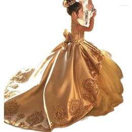 Girl Dresses Golden Long Flower Dress For Wedding First Communion Kids Satin Evening Ball Gown Appliques Bow Child Pageant Party