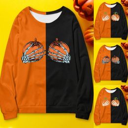 Women's Hoodies Loose Fit Sweatshirt Men Women Couple Halloween Pumpkin Print Long Sleeved Hoodless Round Neck Cocoa