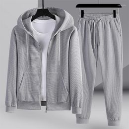 Men's Tracksuits 2023 M-6XL Mens Waffle Two Pieces Set Zipper Hooded Coat Slim Pants Casual Solid Outfit Fashion Streetwear Autumn Sets
