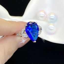 Wedding Rings Metal Silver Fashion Leaves Luxuriously Inlaid With Blue Droplet Shaped Zircon Opening Adjustable Ring For Women's Jewellery