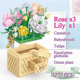 Blocks Bouquet Building Block Set Sunflower Roses Eternal Artificial Flower Basket Toys Kits Gift For Mom Home Decoration R230907