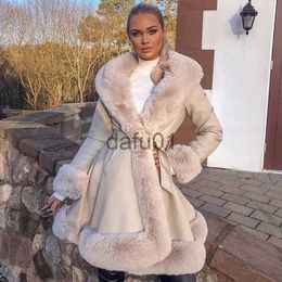 Women's Fur Faux Fur Women Fashion PU Leather Tie Belt Waist Mid-Length Coats 2023 Side Pockets Jackets Elegant Solid Faux Fur Jacket Female Overcoat x0907