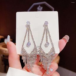 Hoop Earrings S925 Silver Needle Fashion Full Diamond Premium Retro Drop Long Tassel Female