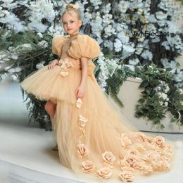 Girl Dresses Scoop Puffy Sleeve Champagne Flower With Soft Tulle Sweep Train Christmas Gown 2023 Winter Zipper Back Bow