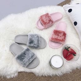 Slippers Famous brand fur open toe flat sandals women korean style shoes letters embroider furry slippers ladies fashion flip flops mujer X0905