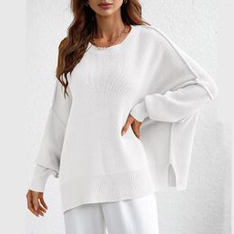Women's Sweaters Long Batwing Sleeve Crewneck Side Slit Knit Pullover Sweater Tops