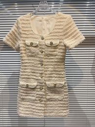 Casual Dresses HIGH STREET Est 2023 Fashion Stylish Designer Women's Sweet O'neck Metal Buckle Tweed Short Sleeved Mini Dress