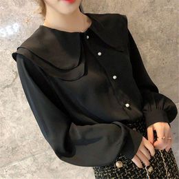 Women's Blouses 2023 Korean Style Doll Collar Long Sleeve Chiffon Shirt Bottom Blusas Mujer 3XL Red Ruffled Spring Autumn Women