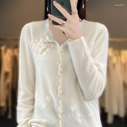 Women's Knits Hand Embroidered Heavy Industry Cardigan Clothes Merino Wool Knitted Top Warm In Autumn And Winter Fashion Korean