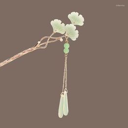 Jewellery Pouches Antique Advanced Sense Cool Wind Jade Ginkgo Leaf Tassels Step-shaking Hairpins Chinese Style Hair Pins