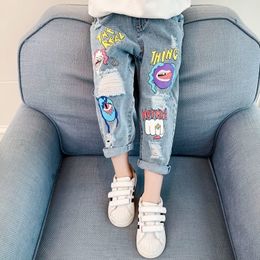 Jeans 2023 Fashion Cartoon for Girls Teenage Children Elastic Waist Denim Pants Kids Trousers Clothes 4 12T 230906