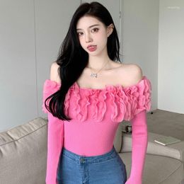 Women's Sweaters Patched Ruffles Slash Collar Sweater Shirts Women Sexy Slim Stretchable Long Sleeve Pullovers Femme Jumpers Tops