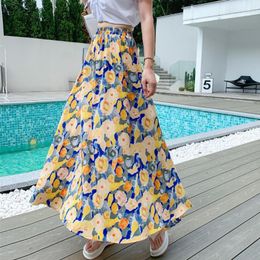 Skirts Summer Paint Floral A-line Long Chiffon Sweet Candy Dye Tie Yellow Pink Flowers Ankle