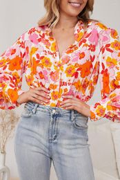 Women's Blouses Orange Floral Bishop Sleeve Button Up Shirt Blouse Women Autumn Spring Casual Soft Tee Shirts Female Harajuku Mujer Top