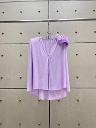 Women's T Shirts 2023 Summer Clothes Women Sexy V Neck Purple Top Fashion Loose Shirt With Flower