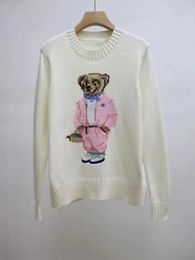 25SS Polos T-shirt de alta qualidade com bordado de ursinho 100% puro algodão tricotado feminino gola redonda pulôver suéter versátil fashion top