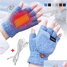 Fingerless Gloves Usb Electric Heated 2Side Heating Convertible Glove Knitted Mittens Adjustable Heat Waterproof Cycling Skiing 220913 Dhcm1