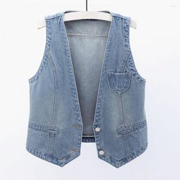 Women's Vests Ladies Denim Vest Sleeveless Loose V Neck Double Buttons Solid Color Vintage Firm Stitching Hip Hop Streetwear Lady Fall