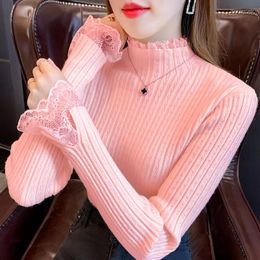 Women's Sweaters Autumn Winter Thick Sweater Women Patched Lace Half Turtleneck Full Flare Sleeve Knitted Pullover Girl Slim Base Jumper